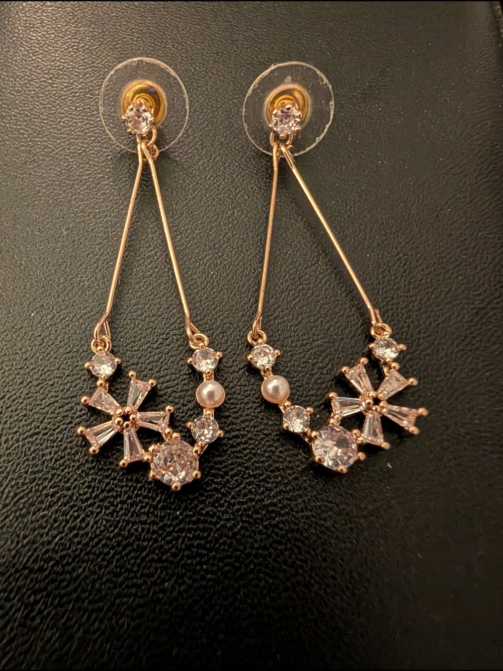 Rose Gold Floral Drop Earrings with Crystals and Pearls